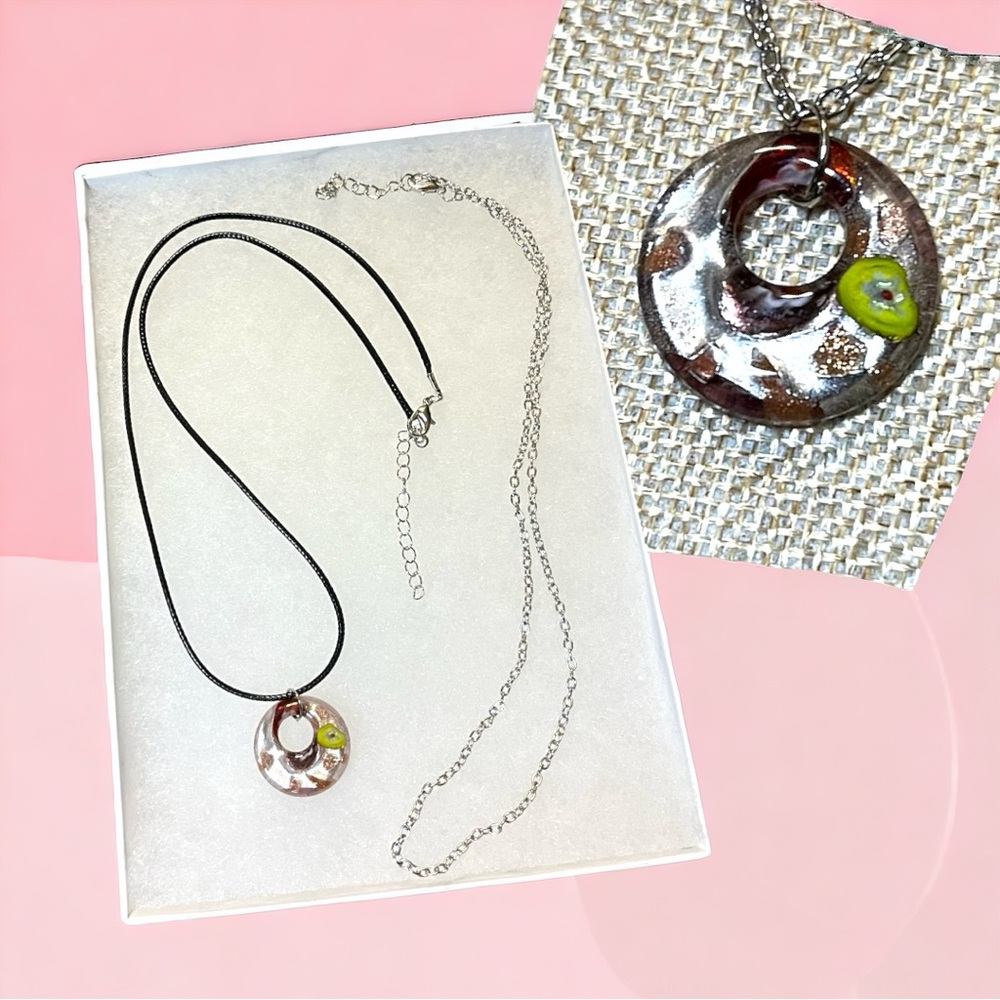 New in box! Italian Glass Pendant with two chains!  Purple, green & gold tones